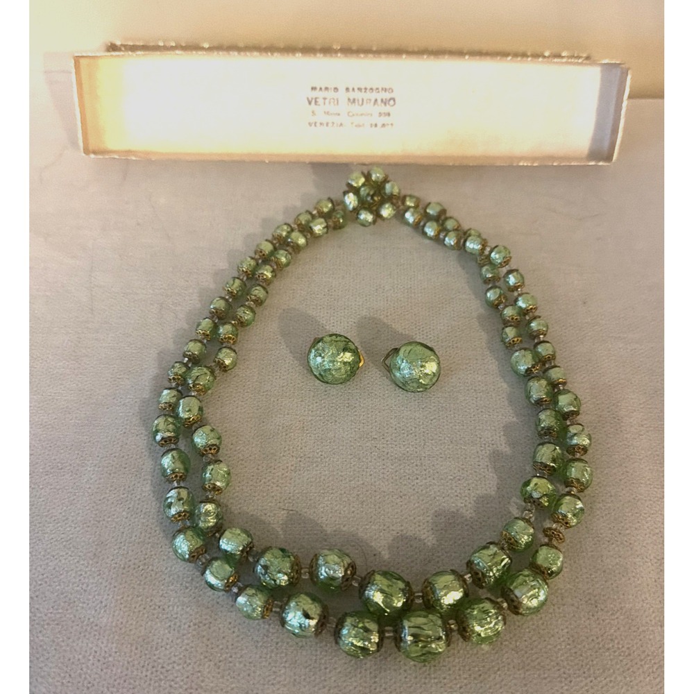 Vintage MURANO GLASS NECKLACE & CLIP EARRINGS Venetian Green Gold-Mario Sanzogno